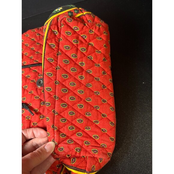 Vintage Red Quilted Cotton Backpack Purse Folk Floral Drawstring Tote Bag 13" - Picture 8 of 9
